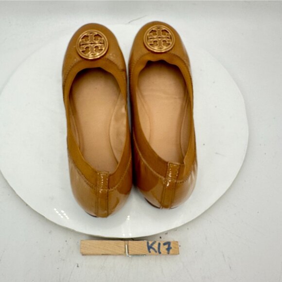 Tory Burch Caroline Women Size 8M Brown Patent Leather Elastic Ballet Flat Shoes - Picture 9 of 12